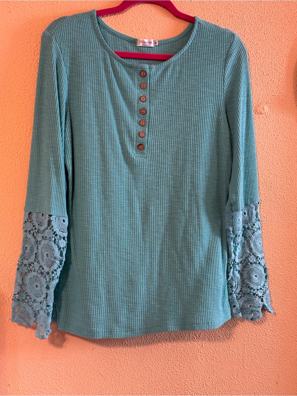 Miselon M Teal Ribbed Henley Top Lace Bell Sleeves Boho